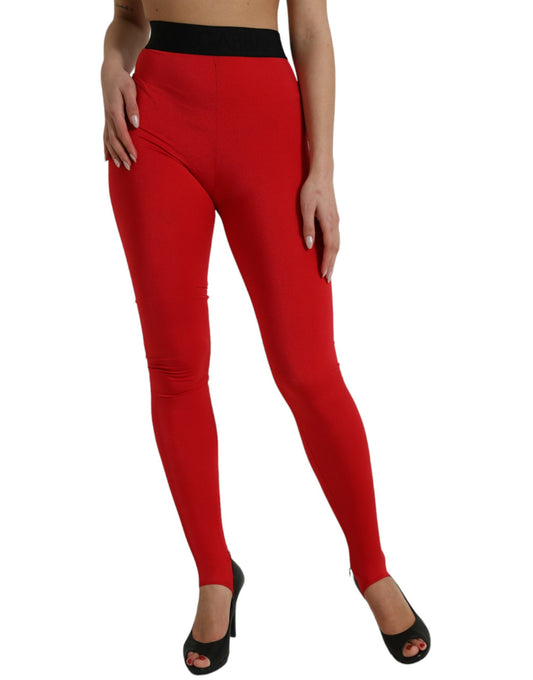 Red Nylon Stretch Slim Leggings Pants