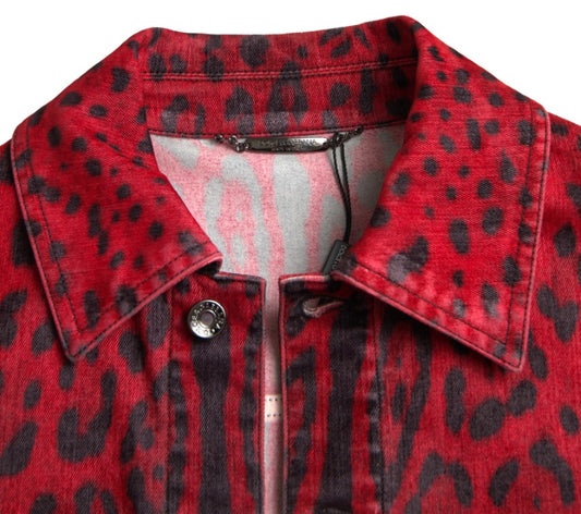 Vibrant Red Leopard Print Denim Jacket