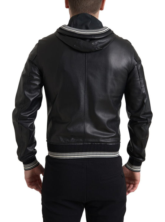 Elegant Black Leather Bomber Jacket