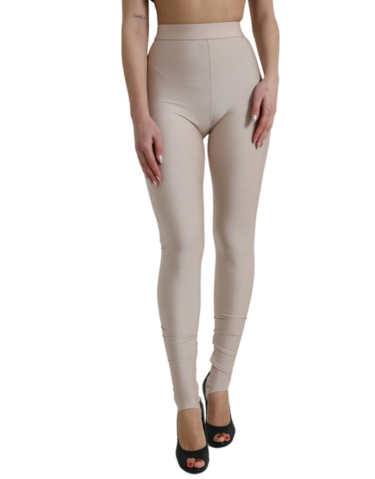 Beige Nylon Stretch Slim Leggings Pants