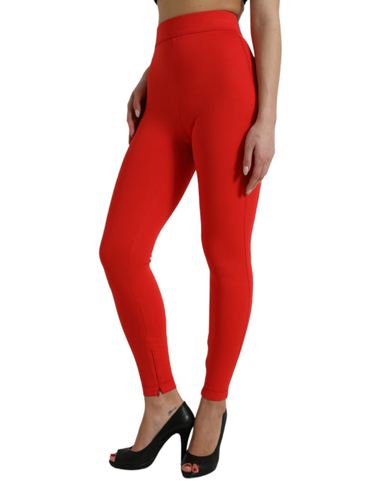 Red Nylon Stretch Slim Leggings Pants