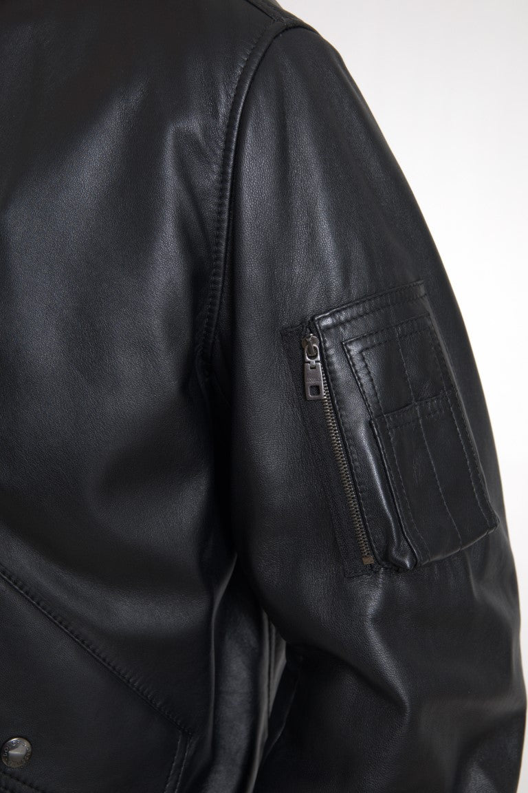 Elegant Black Leather Bomber Jacket