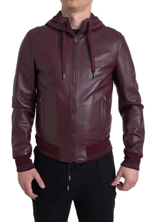 Elegant Bordeaux Leather Hooded Jacket