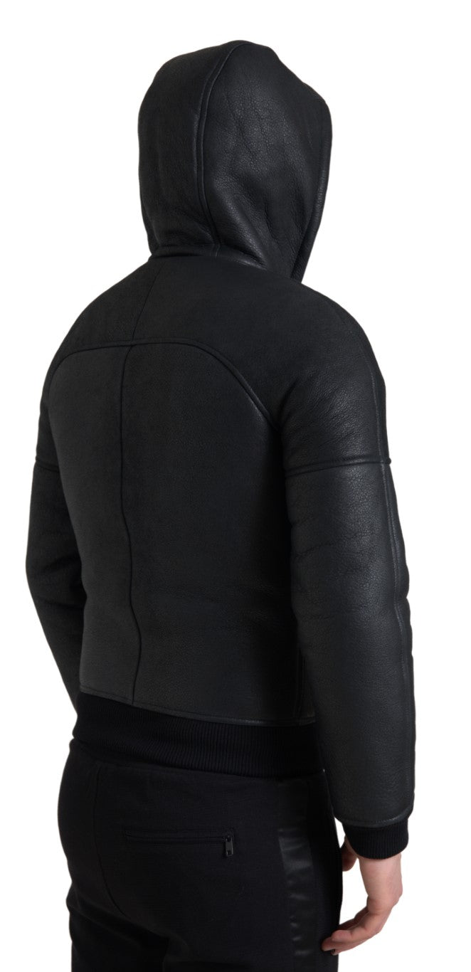 Elegant Black Leather Full Zip Hoodie