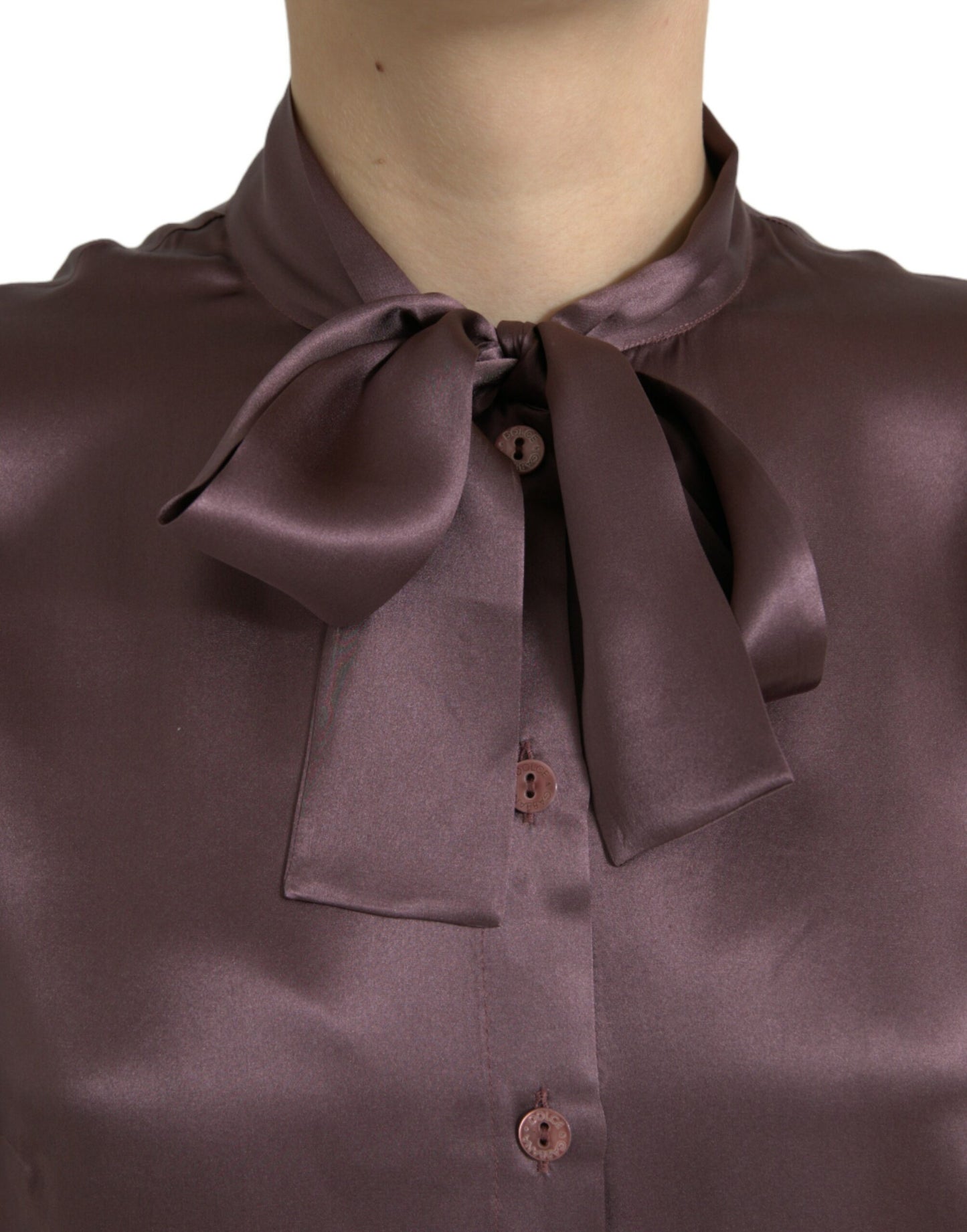 Brown Silk Ascot Collar Long Sleeve Blouse Top