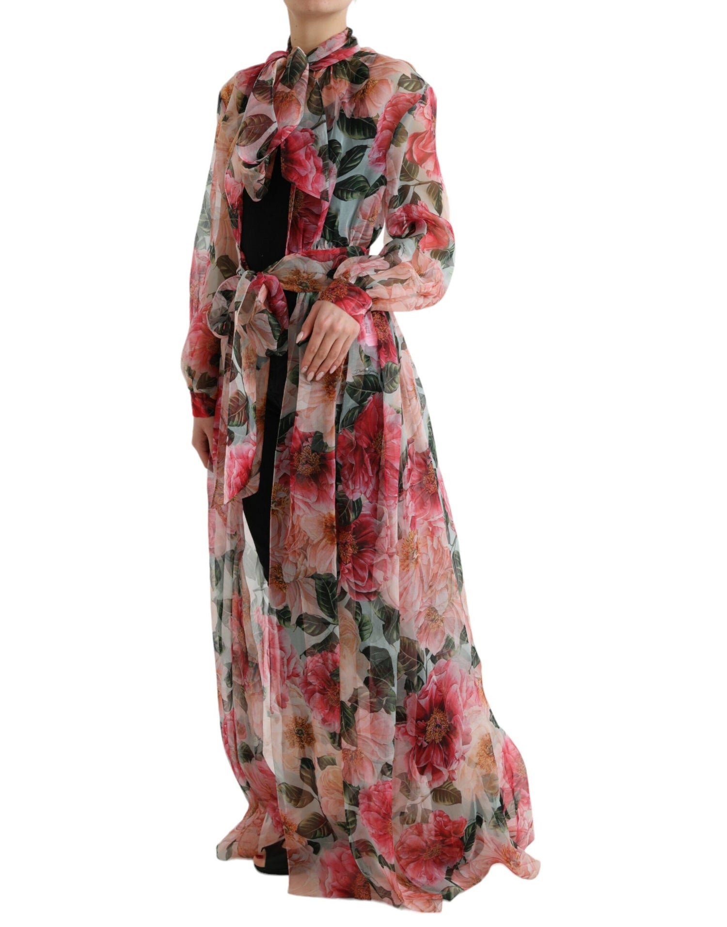 Multicolor Camelia Print Silk Chiffon Coat