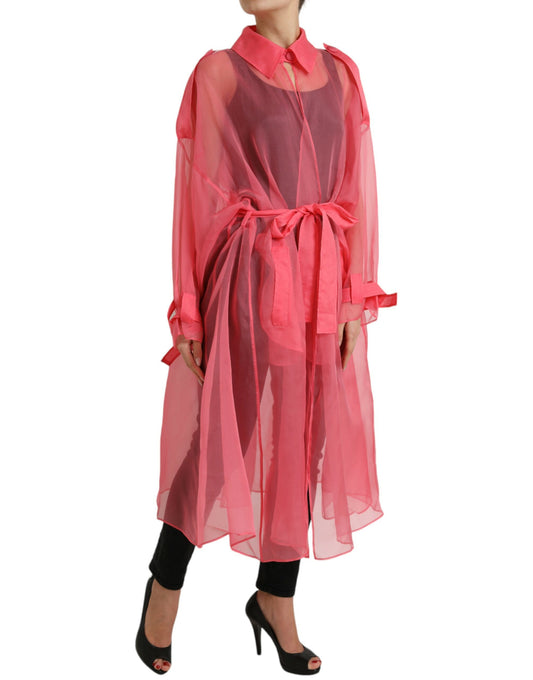 Pink Silk See Through Belted Long Coat Jacket