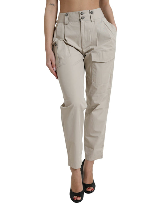 Beige Cotton High Waist Tapered Pants