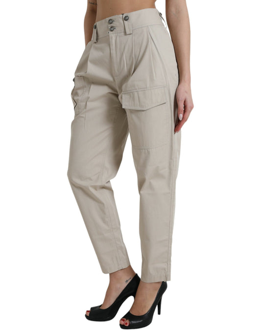 Beige Cotton High Waist Tapered Pants