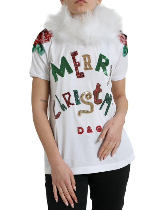 White Cotton Christmas Sequin Fur T-shirt