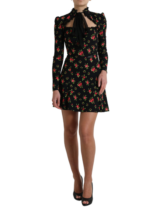 Black Floral A-line Long Sleeves Mini Dress