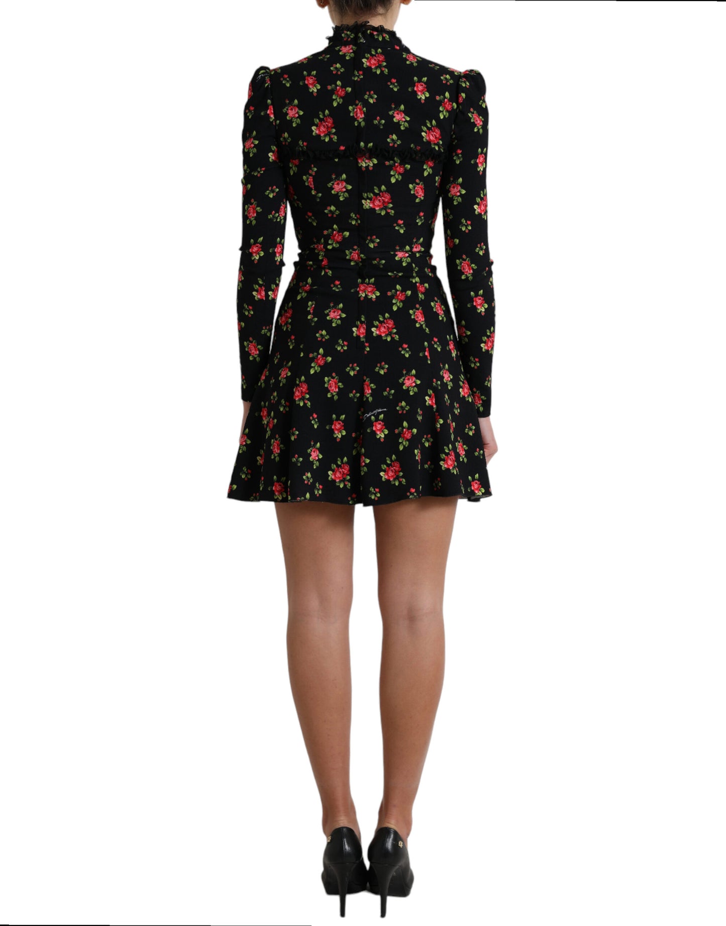 Black Floral A-line Long Sleeves Mini Dress