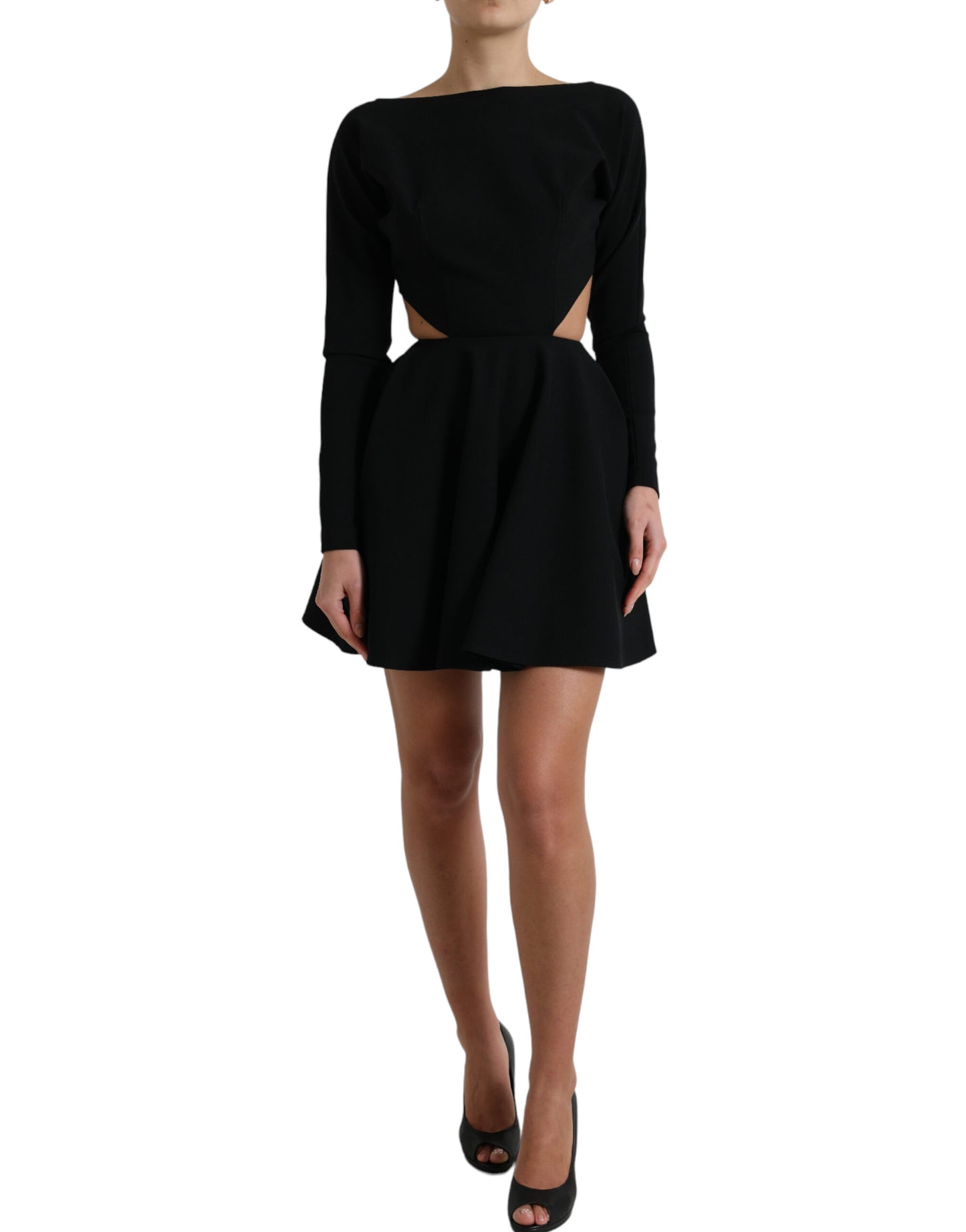 Black Viscose Cut Out A-line Long Sleeves Mini Dress