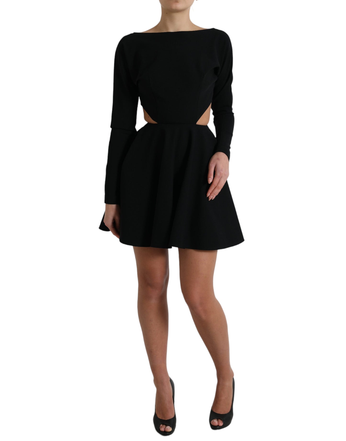 Black Viscose Cut Out A-line Long Sleeves Mini Dress