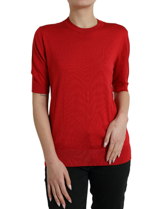 Red Silk Crew Neck Short Sleeves T-shirt Top