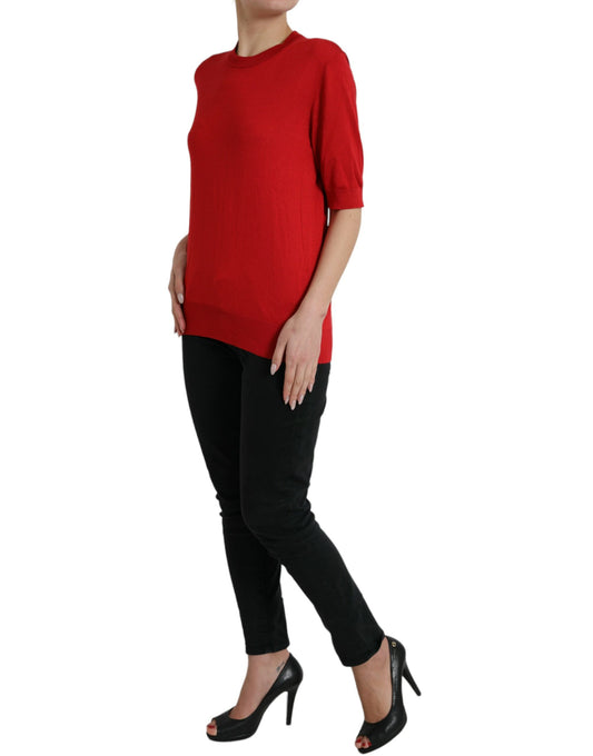 Red Silk Crew Neck Short Sleeves T-shirt Top