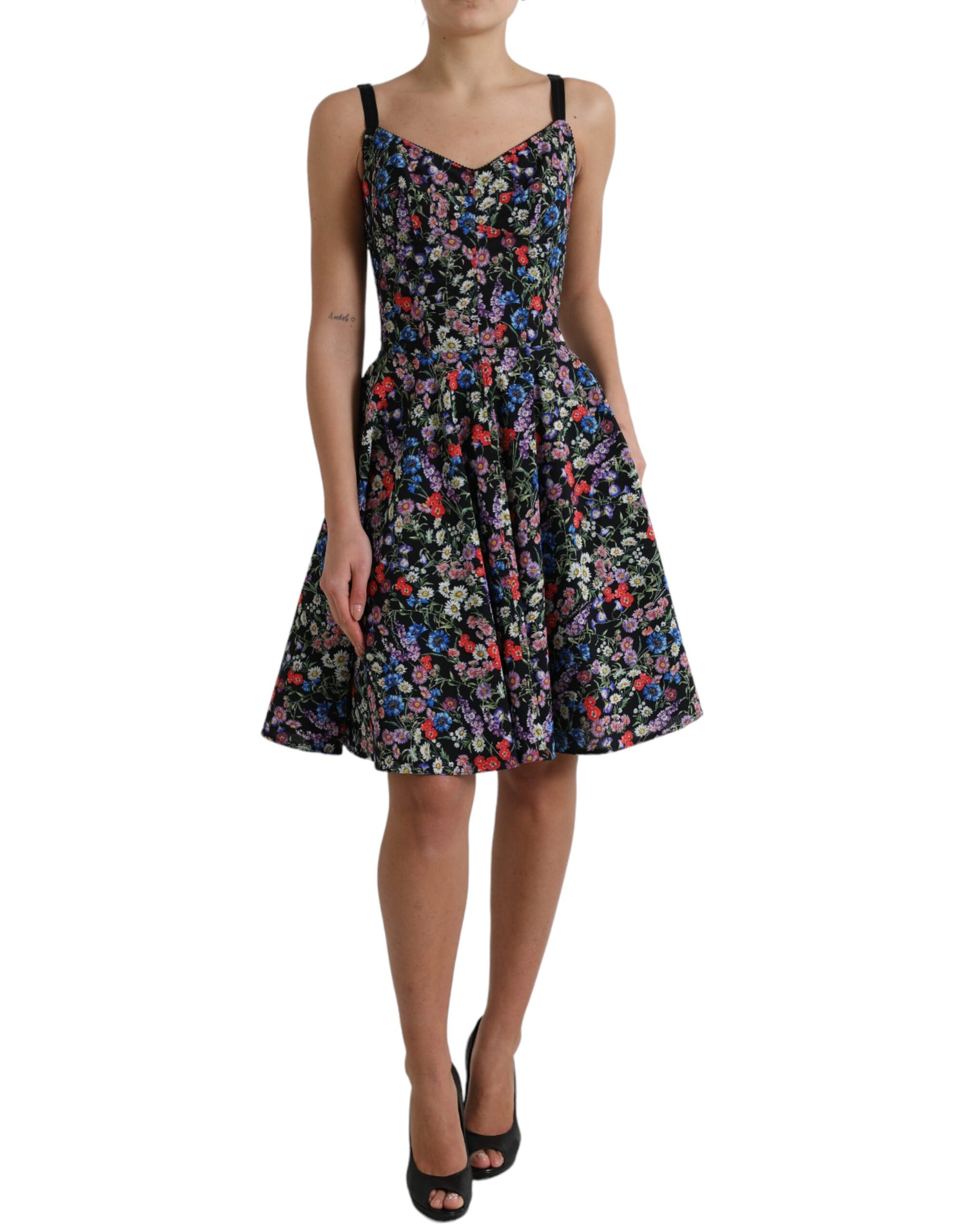 Black Polyester Floral A-line Sleeveless Mini Dress