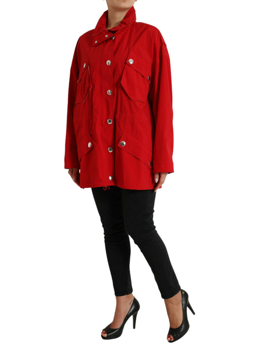 Red Polyester Hooded Button Rain Coat Jacket