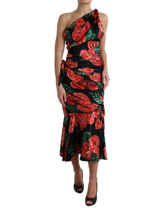 Black Shiny Silk Floral Print Draped Dress