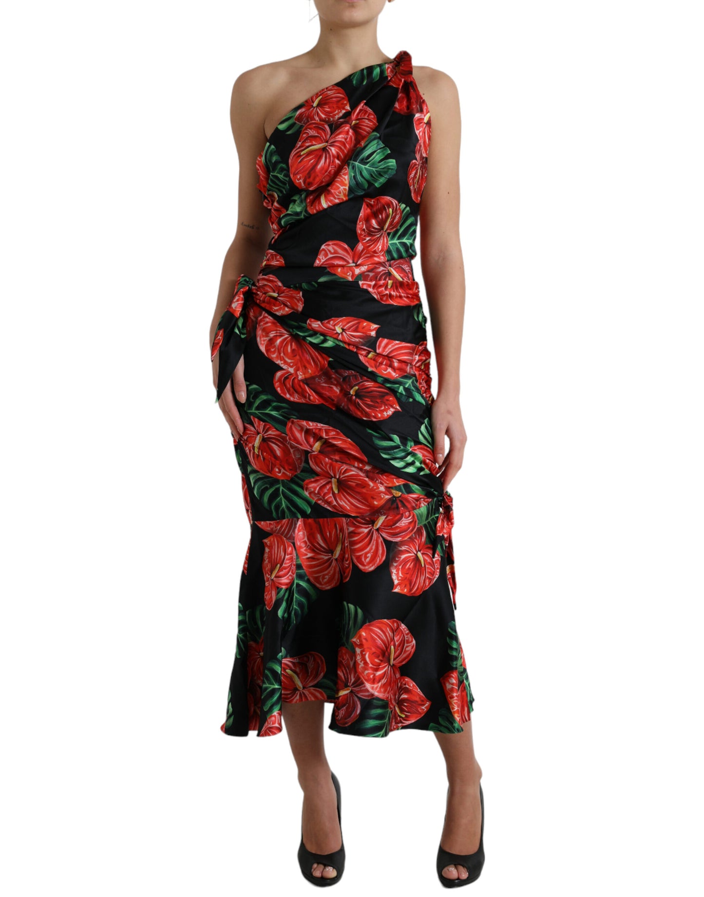 Black Shiny Silk Floral Print Draped Dress