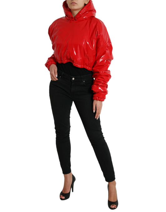 Shiny Red Hooded Cropped Short Coat Jacket