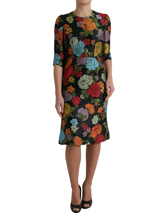 Black Floral Embroidery Knee Length Dress