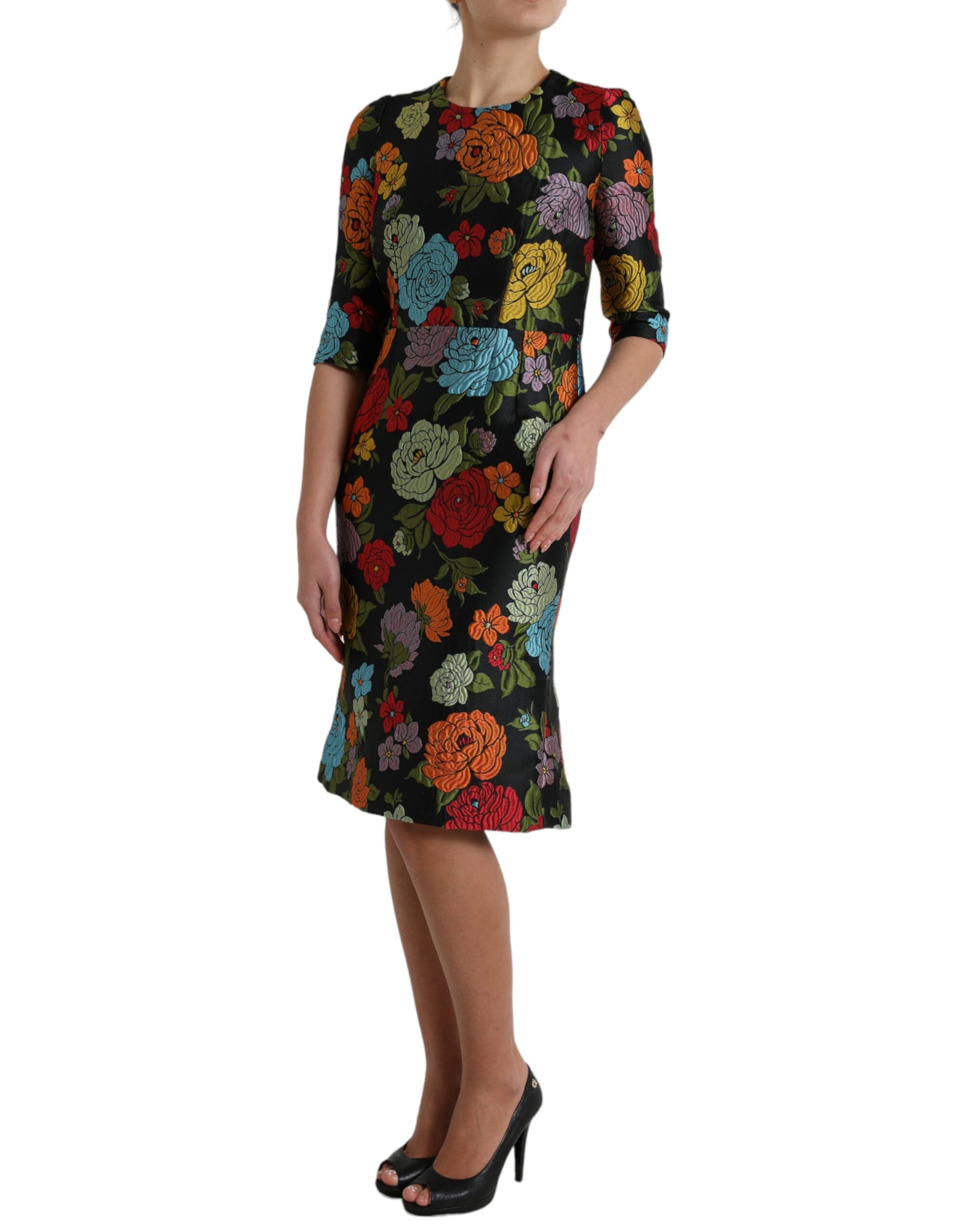 Black Floral Embroidery Knee Length Dress