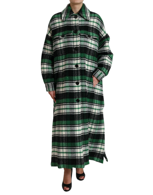 Green Plaid Long Sleeve Casual Coat Jacket