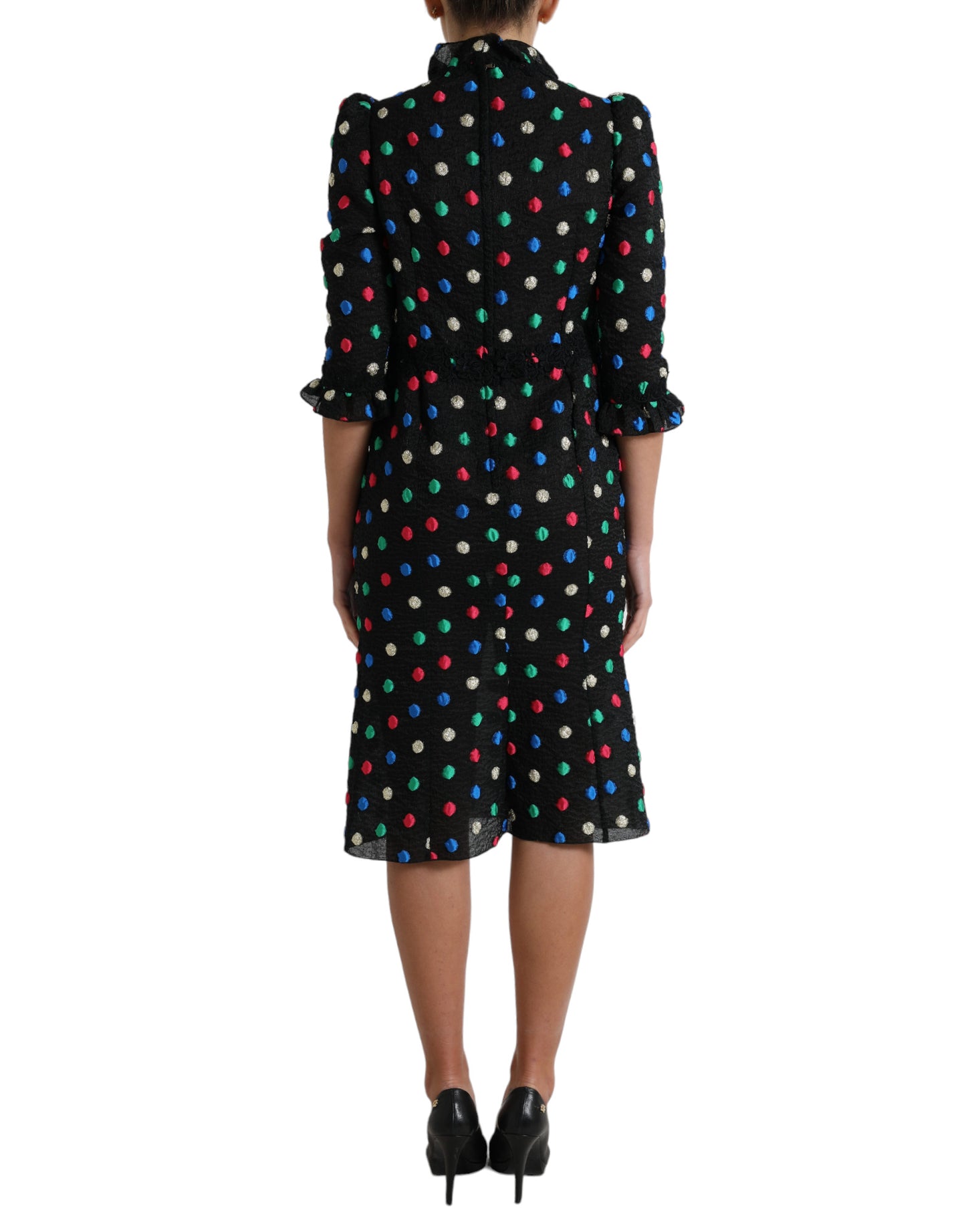 Black Polka Dot Ruffle Cotton Midi Dress