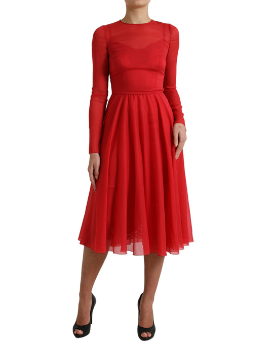 Red Silk Pleated Aline Long Sleeve Midi Dress