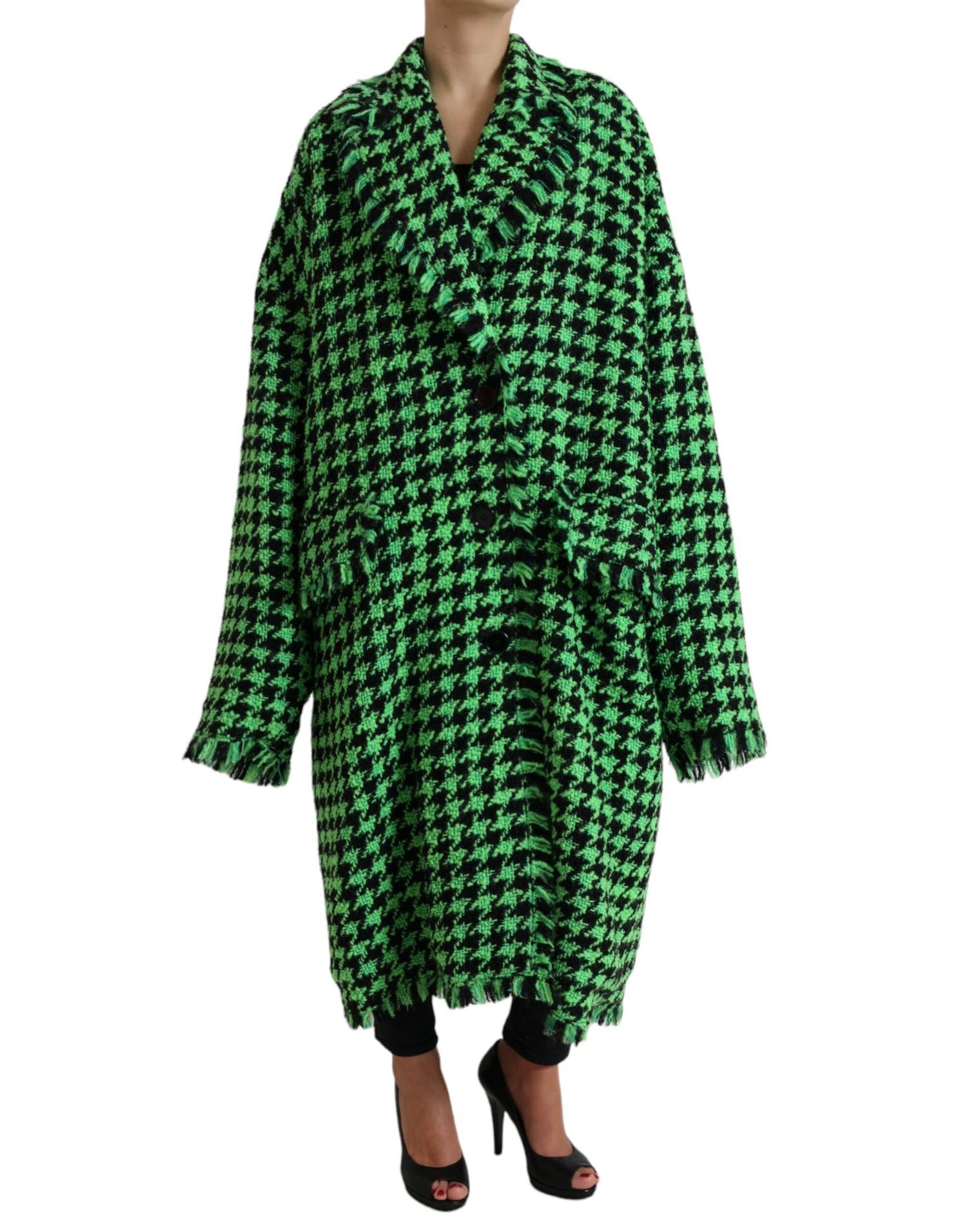 Green Houndstooth Full Sleeve Long Coat Jacket