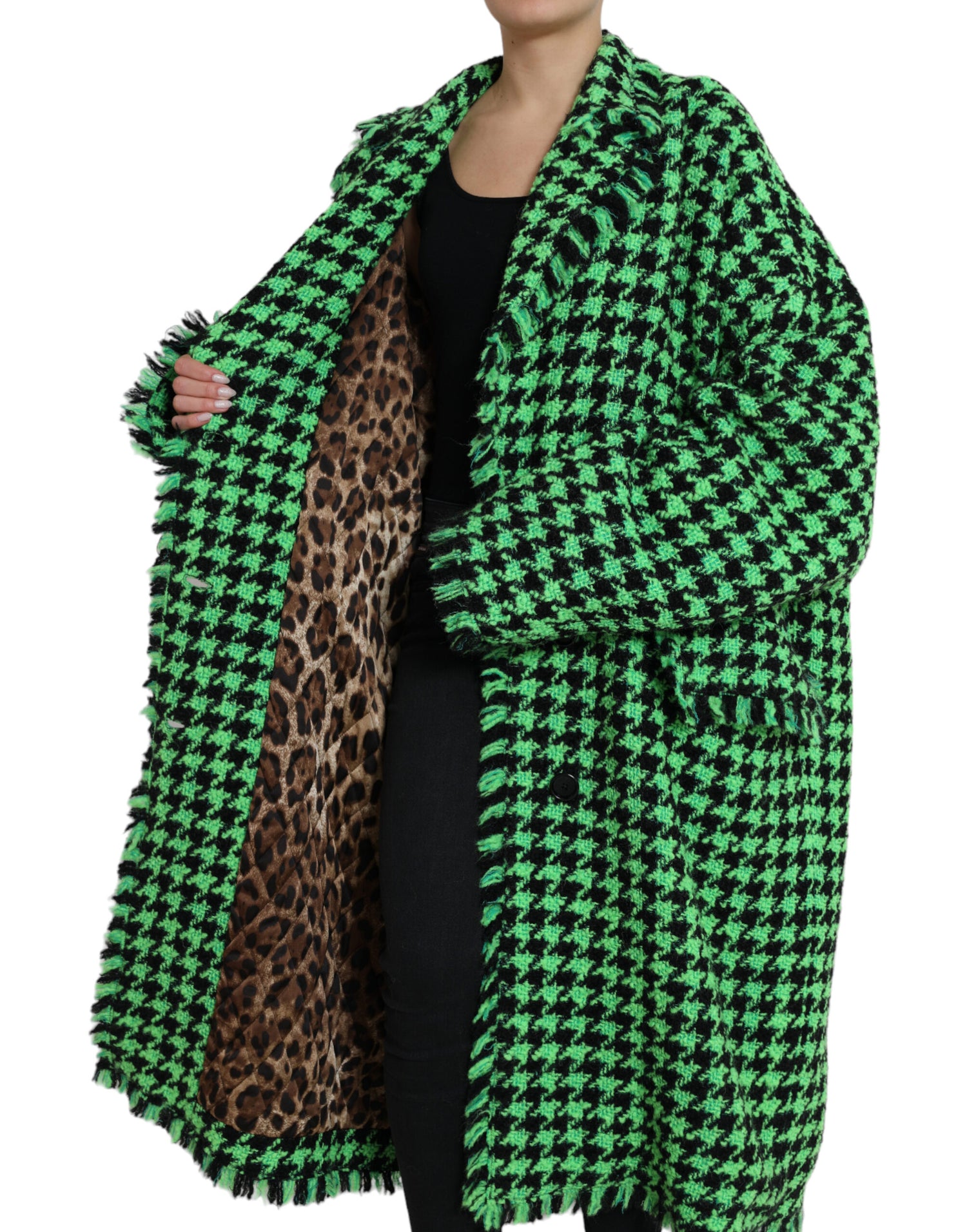 Green Houndstooth Full Sleeve Long Coat Jacket