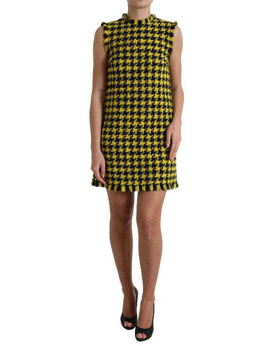 Yellow Houndstooth Sleeveless Aline Mini Dress