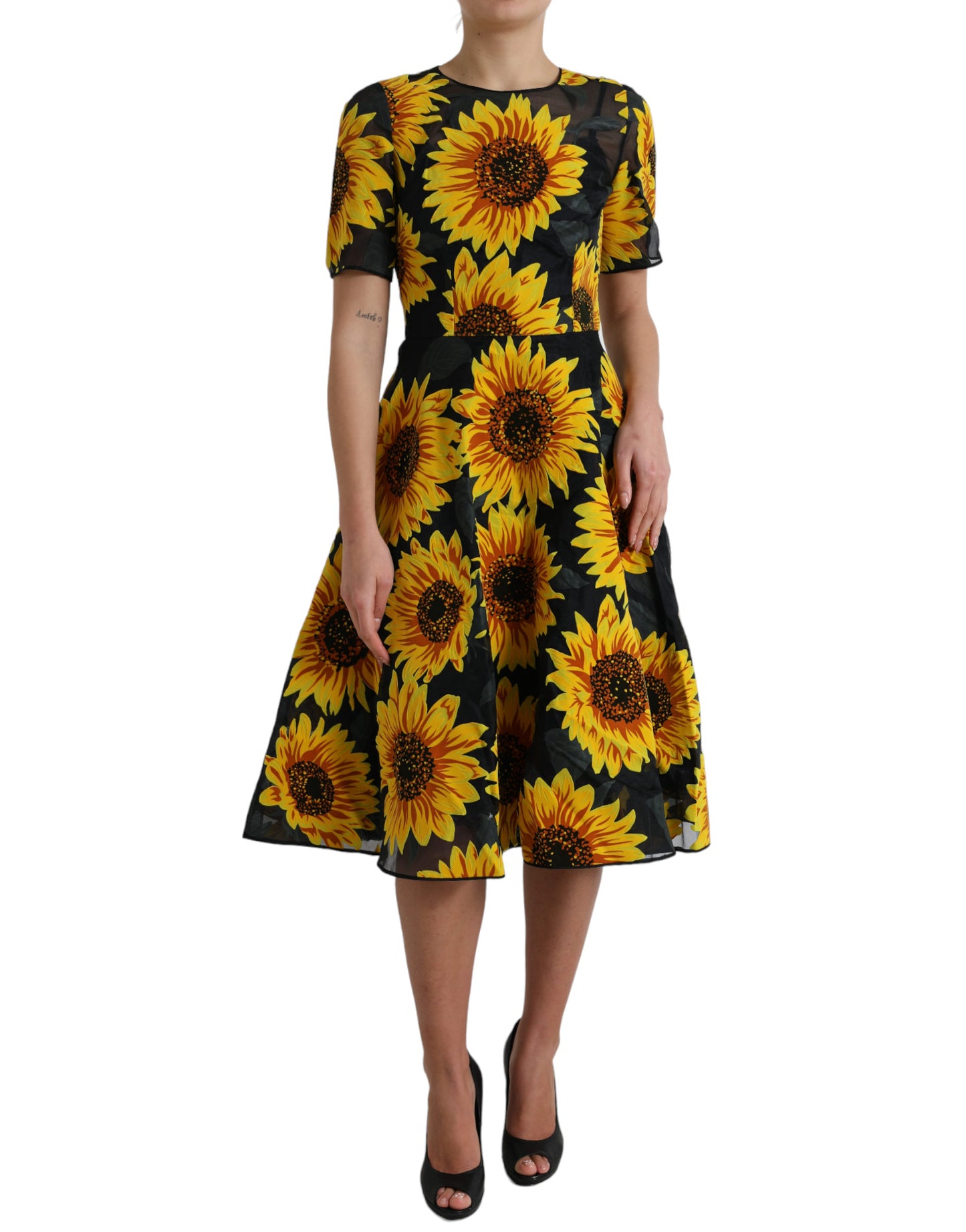 Black Sunflower Print Nylon A-line Midi Dress