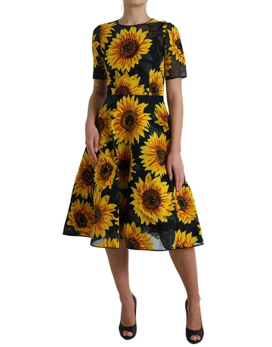 Black Sunflower Print Nylon A-line Midi Dress