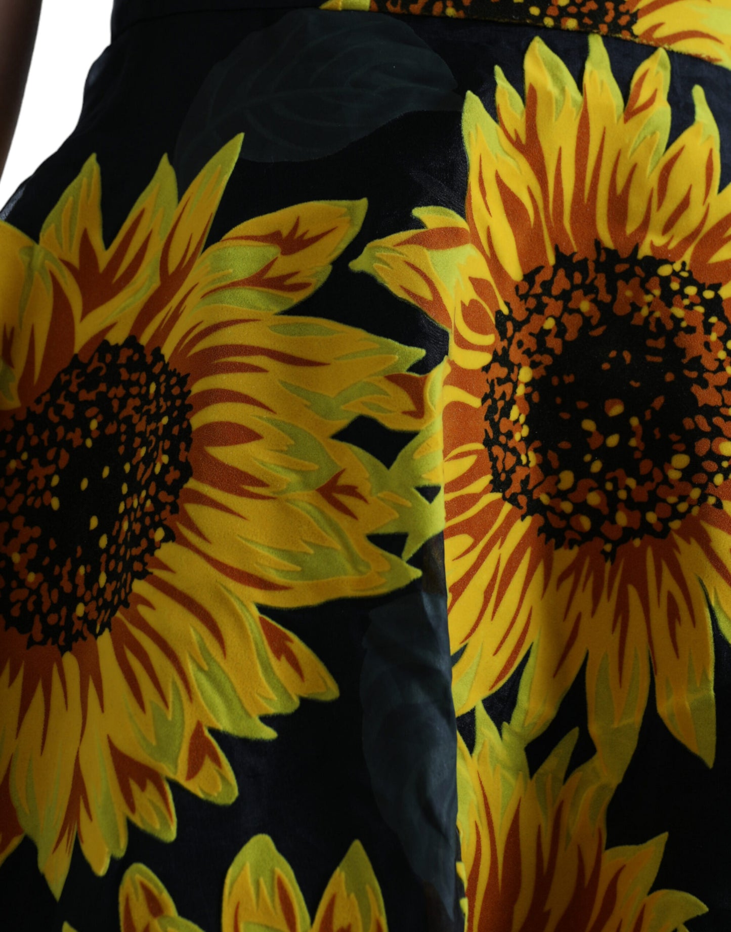 Black Sunflower Print Nylon A-line Midi Dress