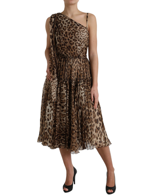 Brown Leopard Print Silk Ruffled Midi Dress