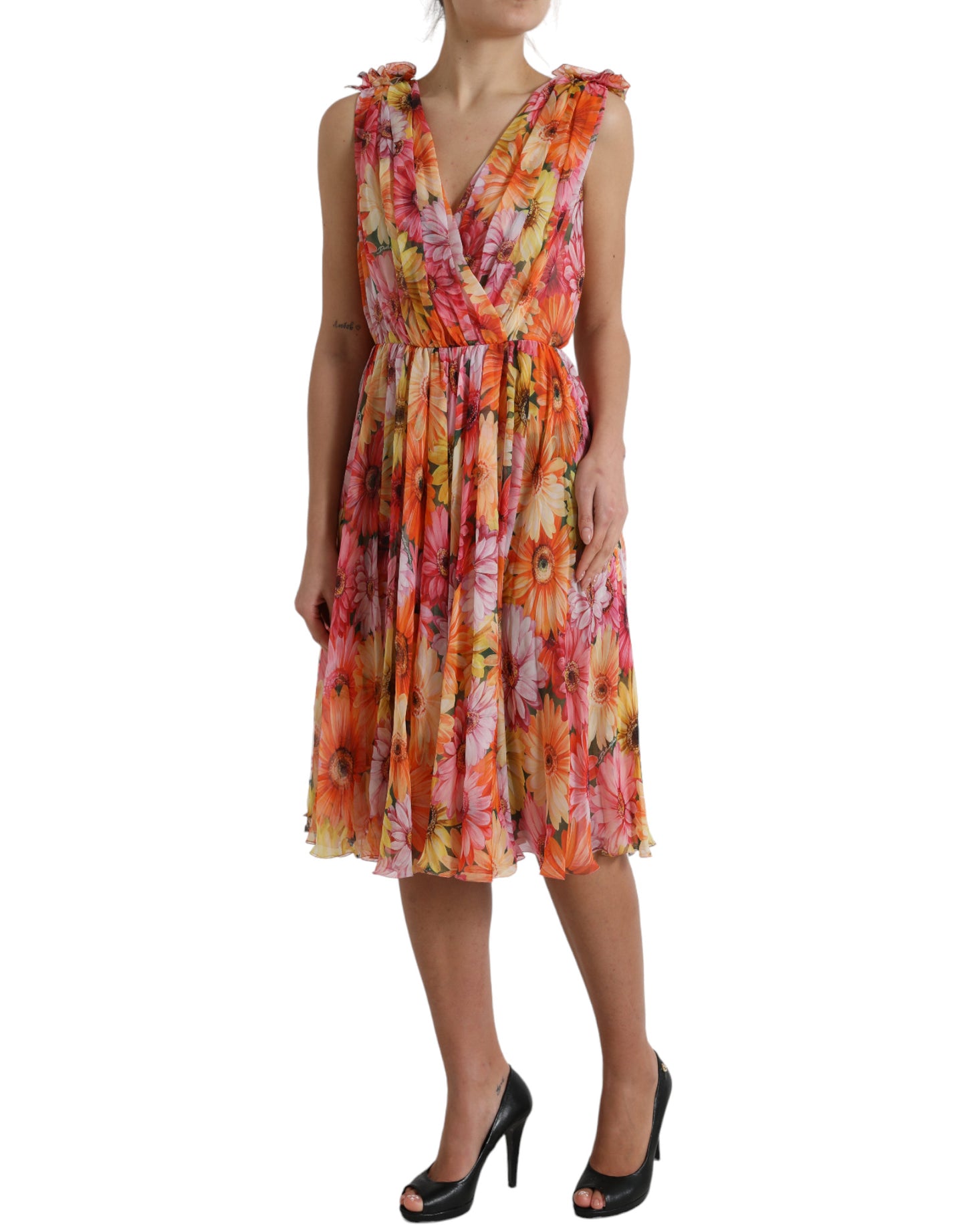 Multicolor Sunflower Print Silk Midi Dress