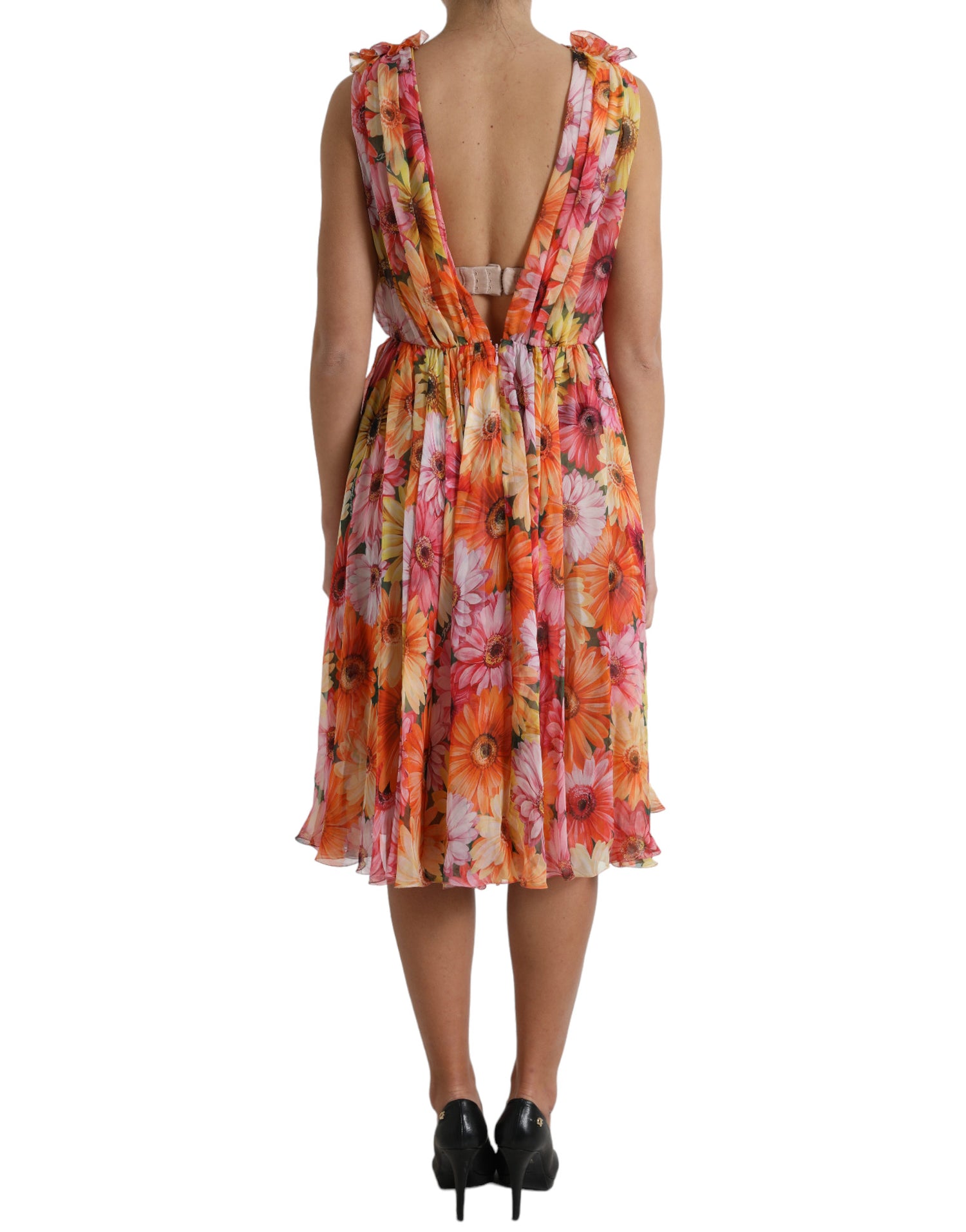 Multicolor Sunflower Print Silk Midi Dress