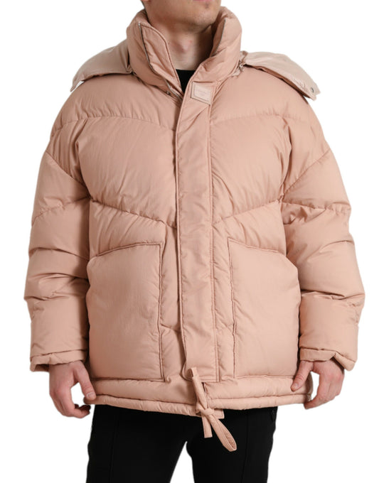 Peach Polyester Hooded Puffer Winter Jacket