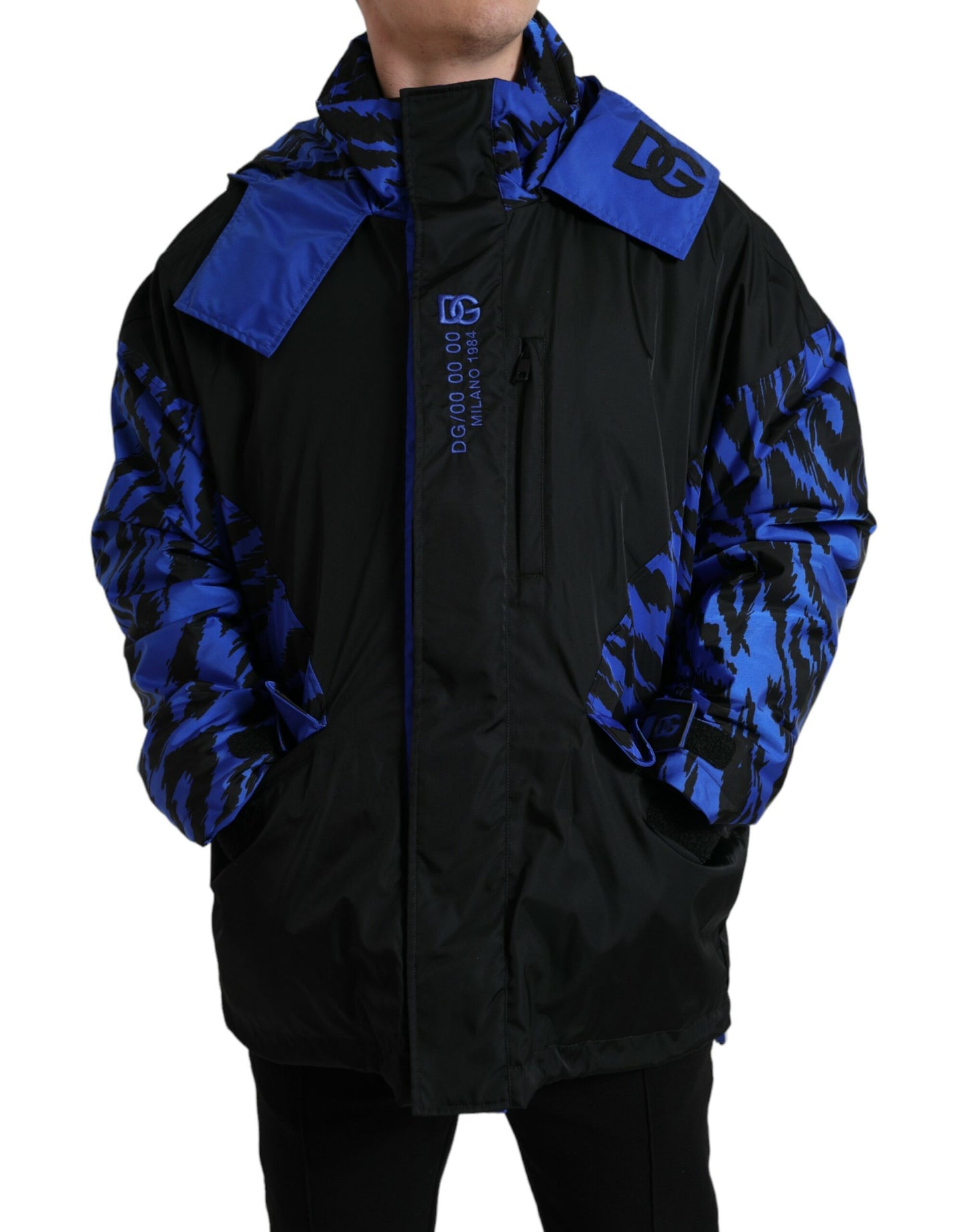 Black Blue Hooded Windbreaker Coat Jacket