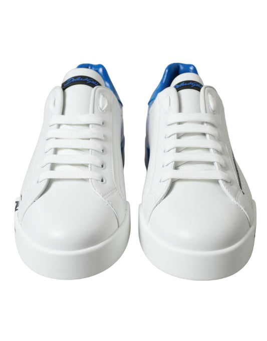 White Blue Leather Low Top Sneakers Shoes