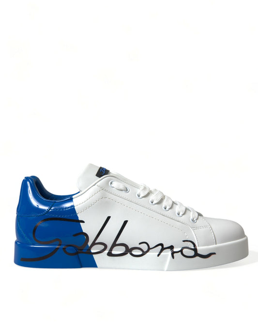 White Blue Leather Low Top Sneakers Shoes