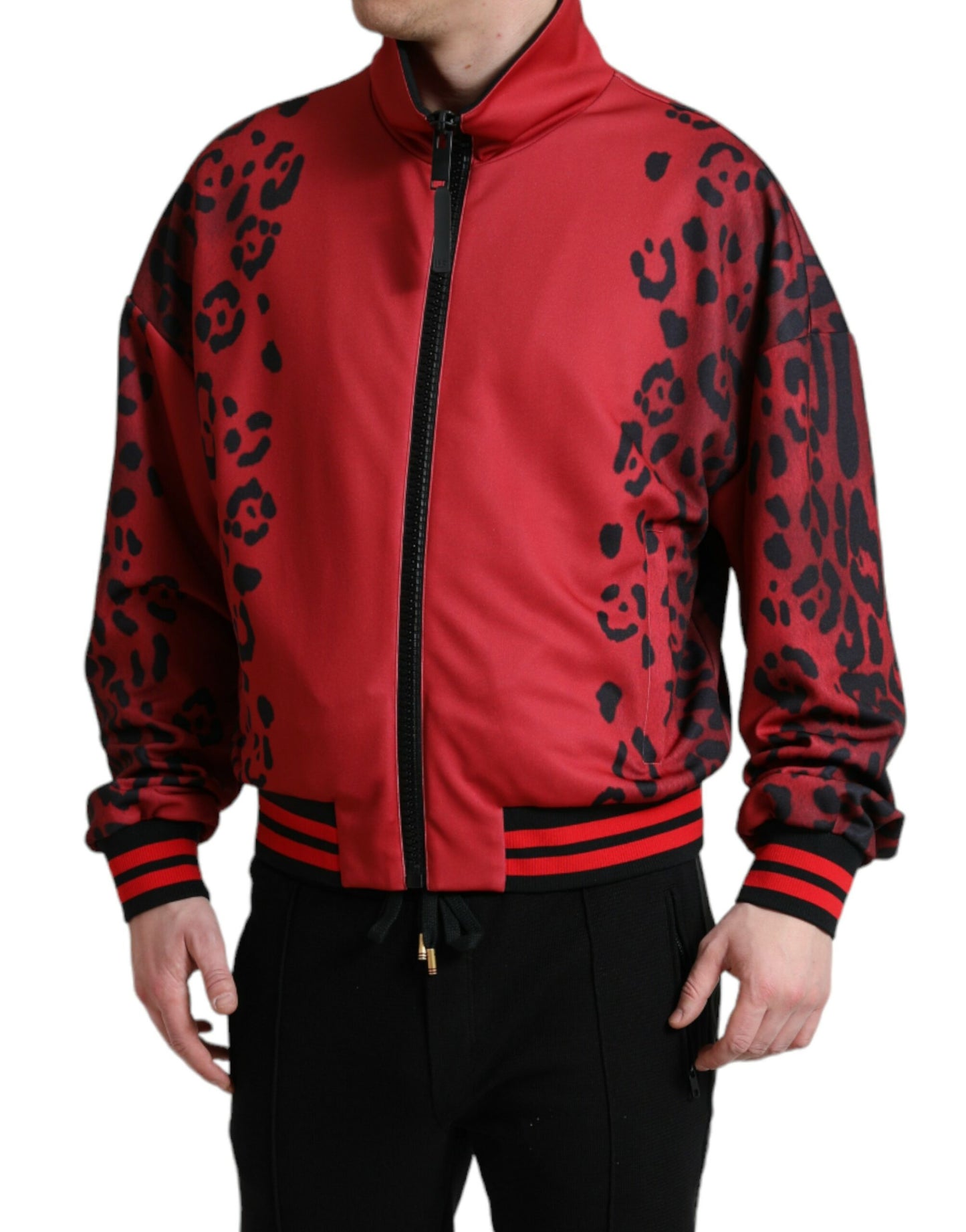 Red Leopard Polyester Bomber Full Zip Jacket