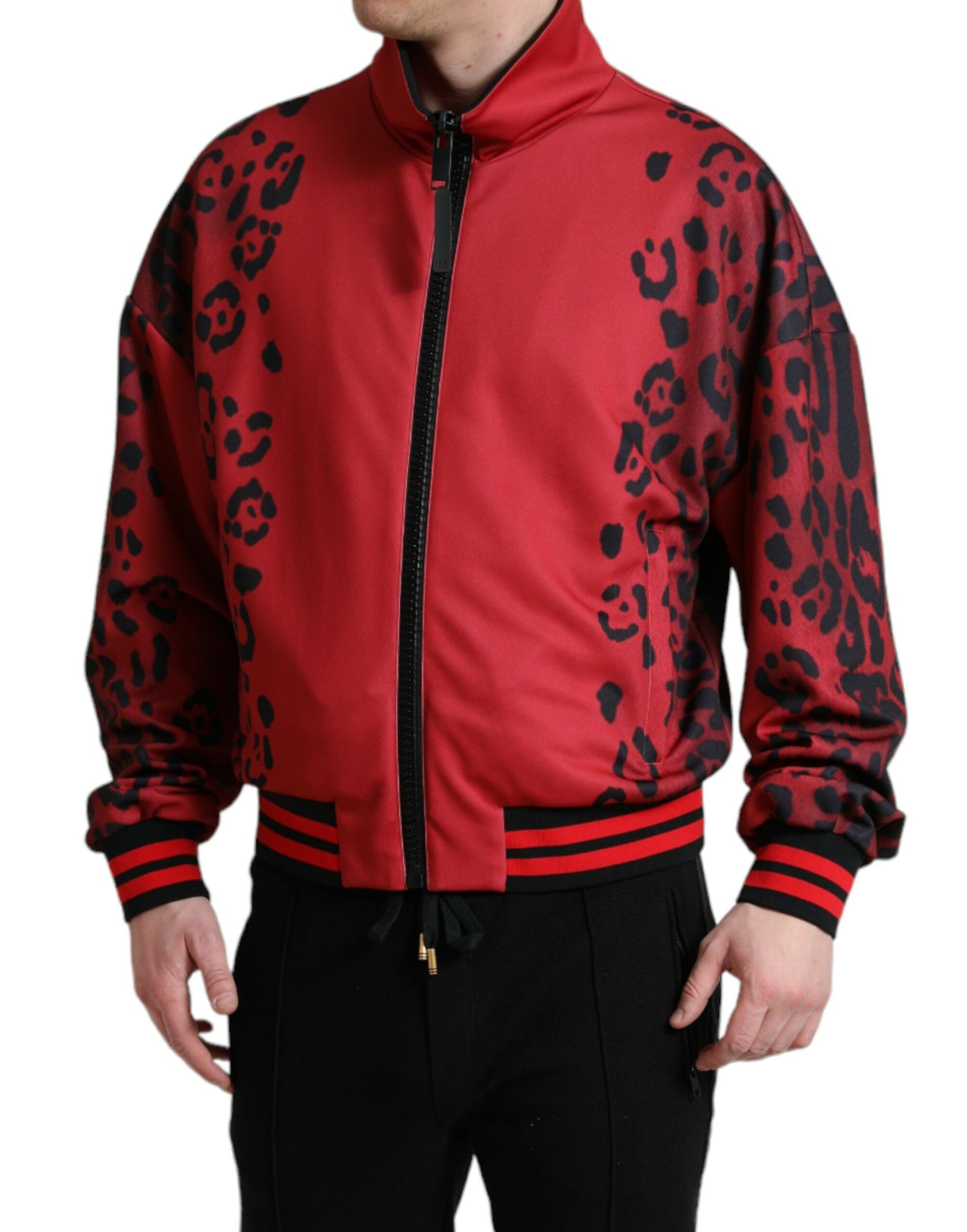 Red Leopard Polyester Bomber Full Zip Jacket