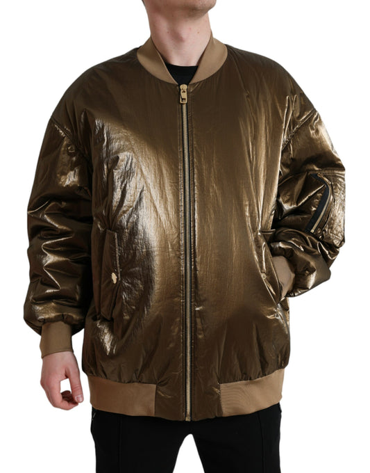 Bronze Nylon Full Zip Men Bomber Jacket