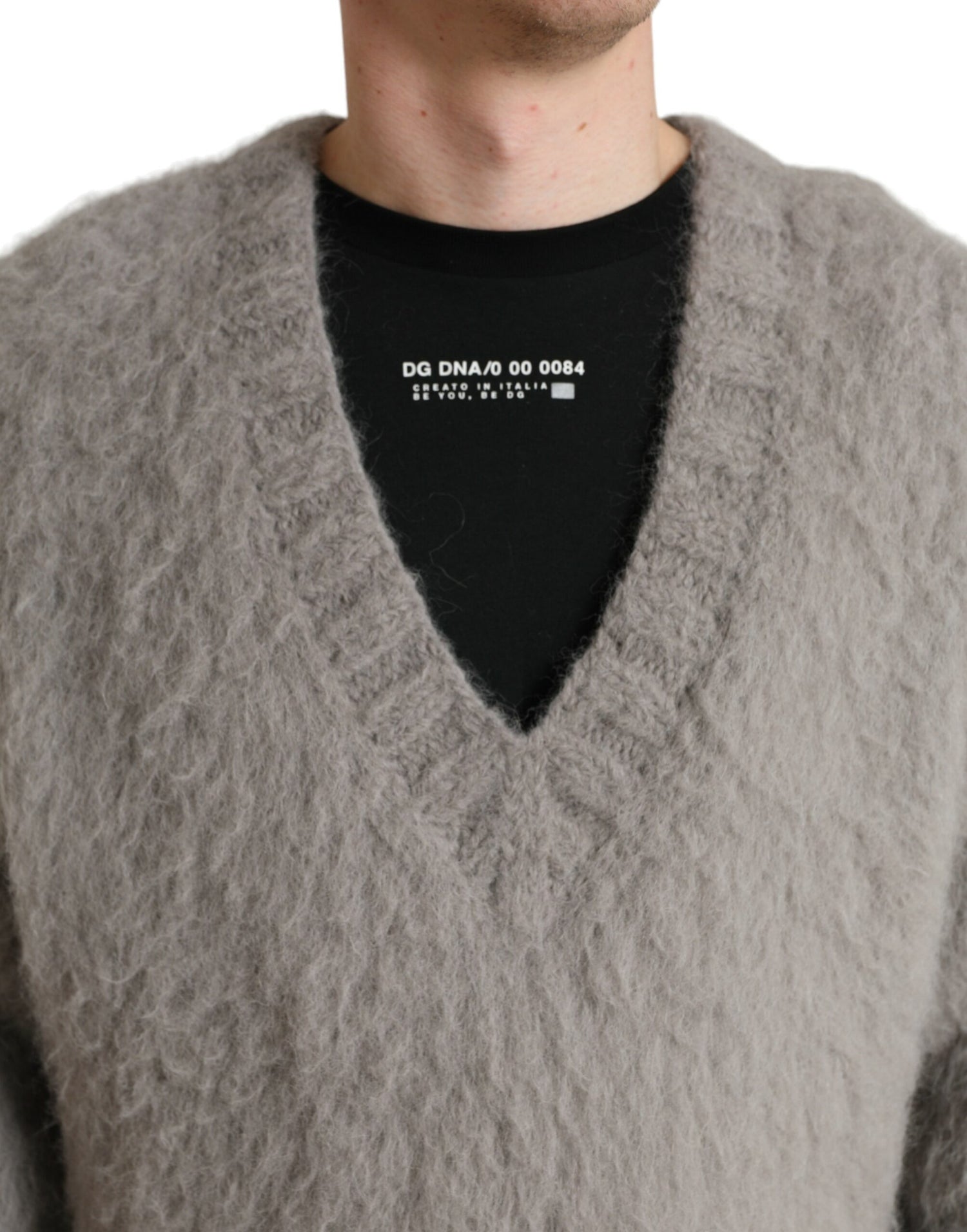 Gray Alpaca Fur V-neck Men Pullover Sweater