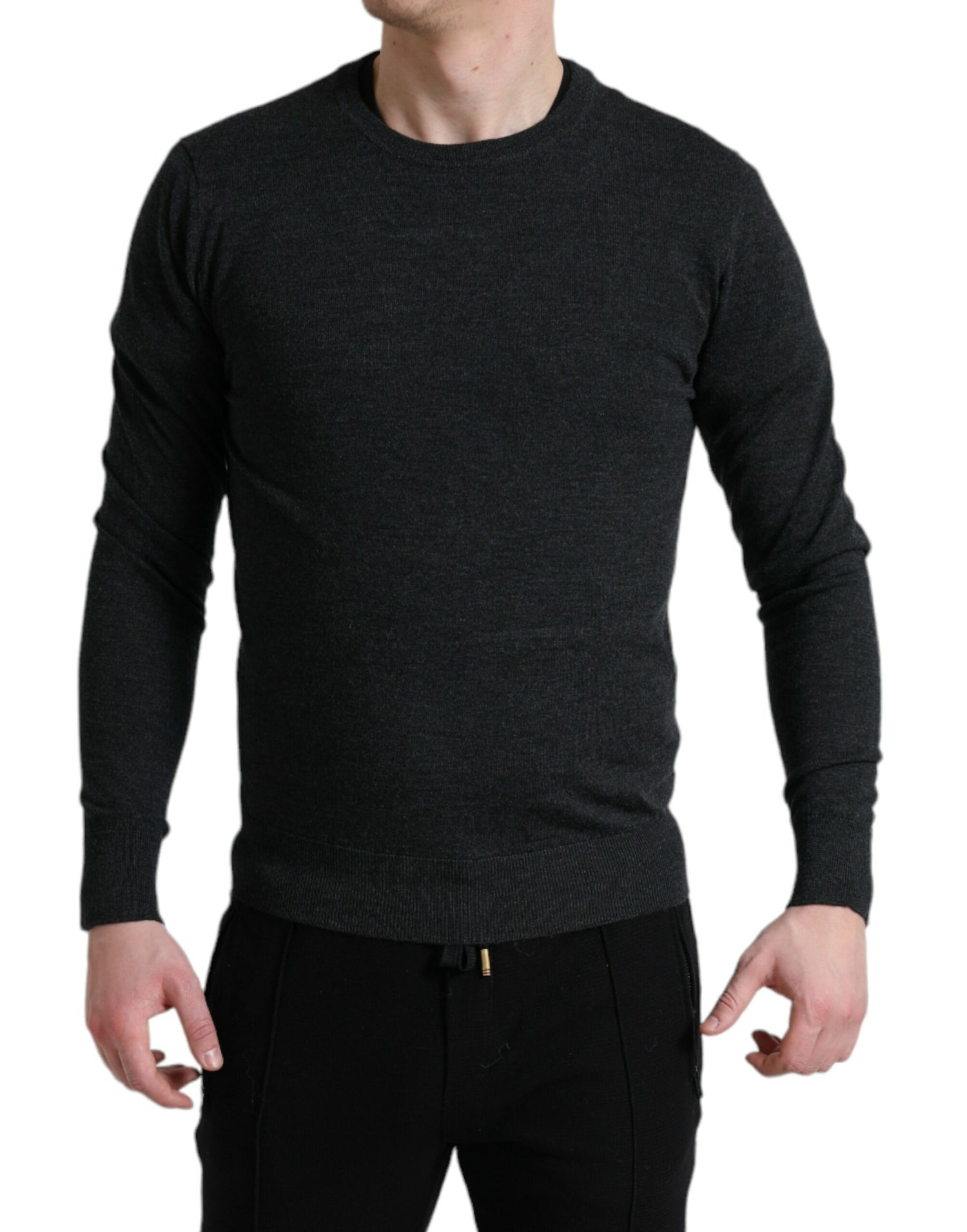 Gray Wool Round Neck Pullover Sweater