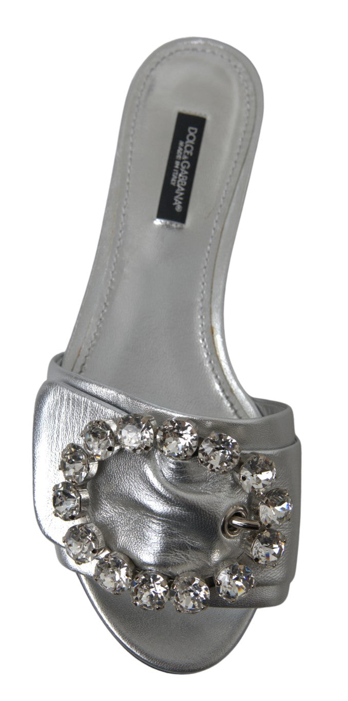 Crystal-Embellished Silver Leather Slides