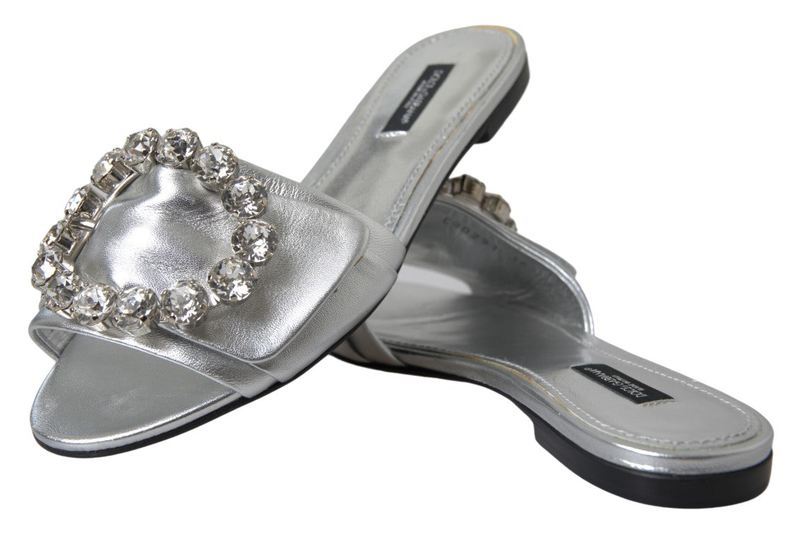 Crystal-Embellished Silver Leather Slides